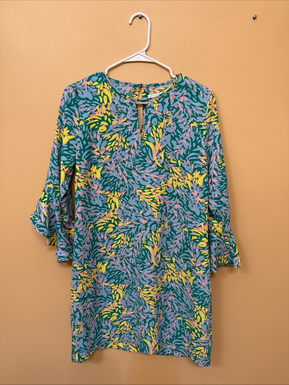 Mud Pie Teal Dress with Yellow & Pink Leaf Print